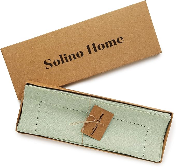 Solino Home Linen Cloth Placemats Set of 6-100% Pure Linen Hemstitch Sage Green Placemats 14 x 19 Inch - Classic Hemstitch Table Place Mats for Fall, Autumn, Thanksgiving, Christmas, Winter
