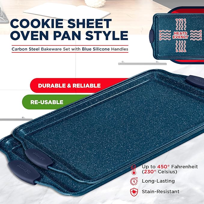 BAKKEN Kitchen Baking Pan Set - Nonstick Coating, Carbon Steel Bakeware Sets with Blue Silicone Handles, Baking Kitchen Essentials, PFOA, PFOS, PTFE Free, Oven Safe Tray (Up To 450° F), Set of 3
