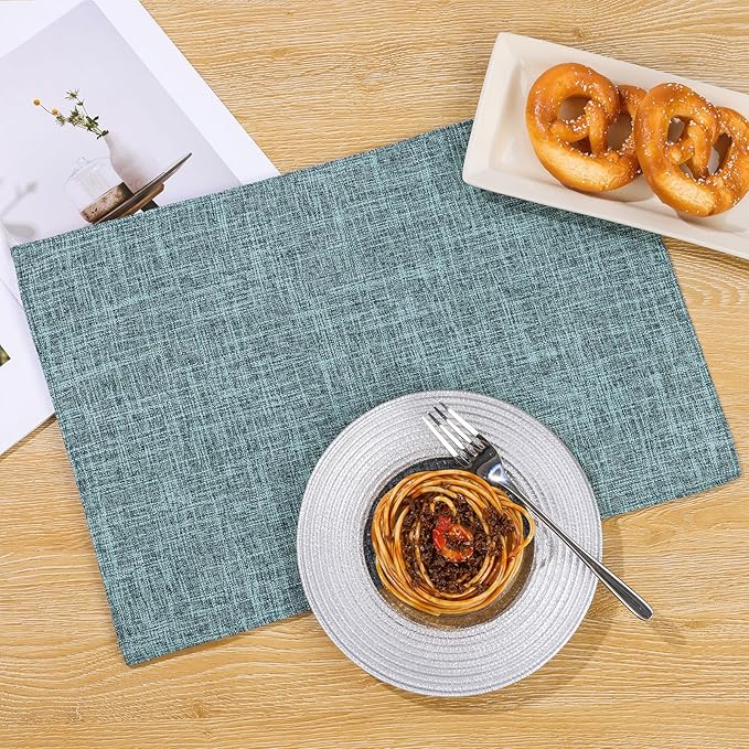 SHACOS Washable Fabric Placemats Set of 4 Heat Resistant Double Layer Cloth Table Mats Non Slip Farmhouse Place Mats, Blue Grey