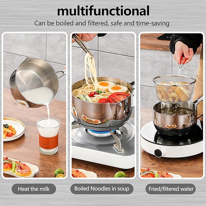 3 Qt Tri-Ply Stainless Steel Saucepan with Glass Strainer Lid 3 Quart Stainless Steel Sauce pan With Lid All Cooktops Compatible Sauce Pot Dishwasher and Oven Safe Dual Spout for Effortless Pouring