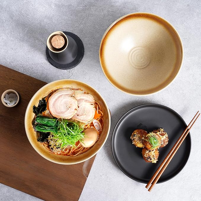 NUTRIUPS 8 Inch Ceramic Ramen Bowl Set of 2 Pho Bowls Japanese Noodle Udon Soup Bowls with Spoons and Chopsticks (Wheat Gold)