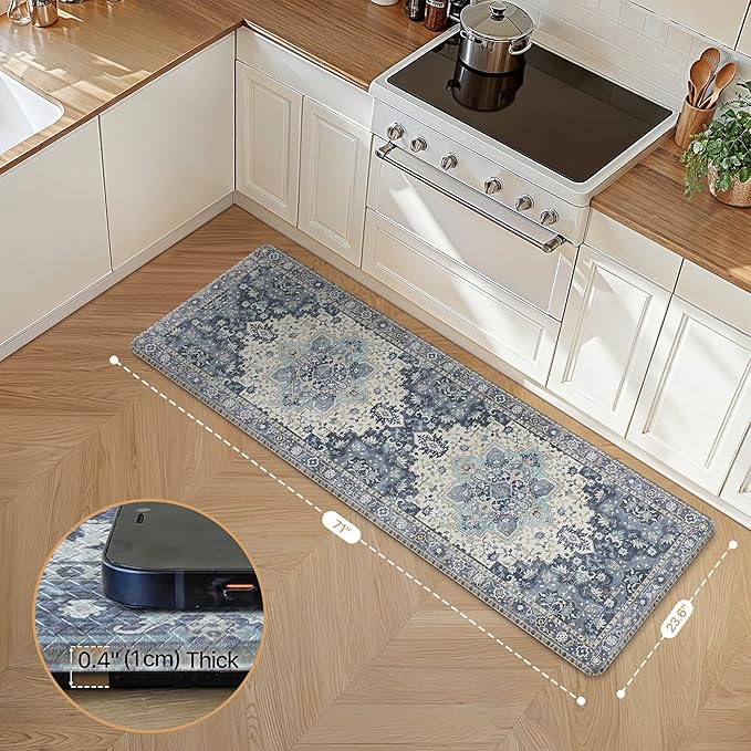 GENIMO Kitchen Mats for Floor, Washable Anti Fatigue Mat for Cushioned, 23.6"x71", Waterproof Kitchen Rugs, Non Slip Comfort Standing Mat Rug for Home, Sink, Laundry, Center Blue