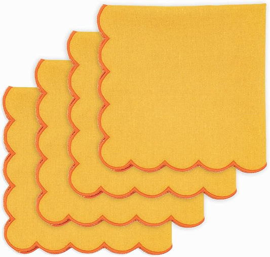 PurpleEssences Scalloped Embroidery Cloth Napkins Christmas Holiday Winter Table Decor 100% Cotton Set of 4-18 x 18 inch - Golden Yellow - Edges - Orange