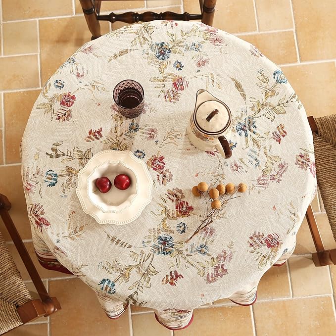 patdrea Designer Red Tablecloth for Round Tables,Vintage Linen with Animals and Flowers Pattern Tablecloths,Farmhouse Floral Table Cover Cloth Decor for Kitchen Dining Christmas,Diameter 55"