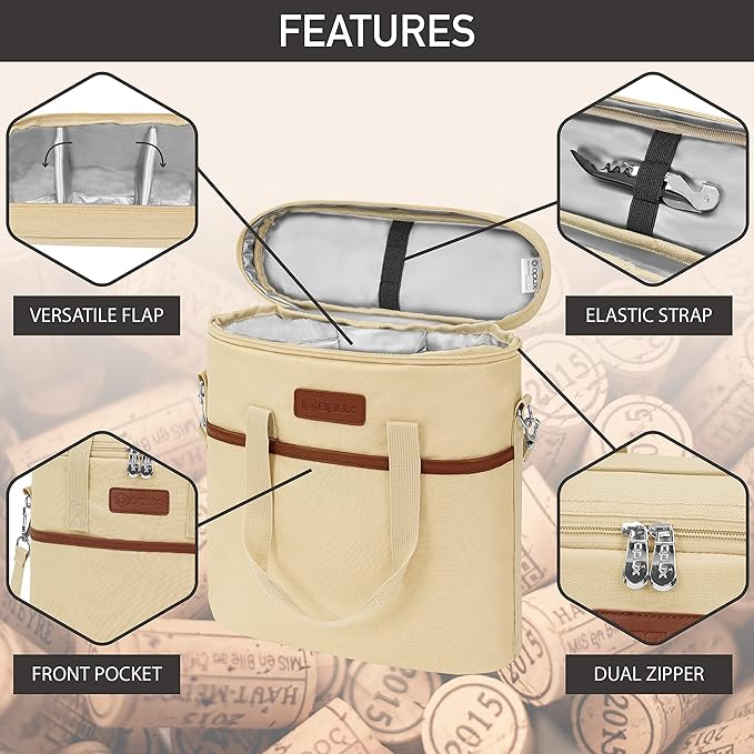 OPUX 3 Bottle Wine Carrier Tote, Insulated Leakproof Wine Cooler Bag, Wine Travel Bag Tote for Picnic Beach, Portable Wine Bottle Carrying Case, Gift for Wine Lover Women Men Christmas, Beige Cream