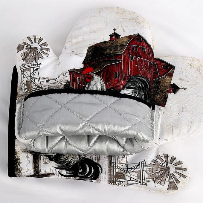 Rooster Print Oven Mitts and Pot Holders Sets of 4 Rustic Chicken Kitchen Mitts Potholders Heat Resistant Farmhouse Cute Oven Gloves Hot Pads for Chicken Kitchen Decor