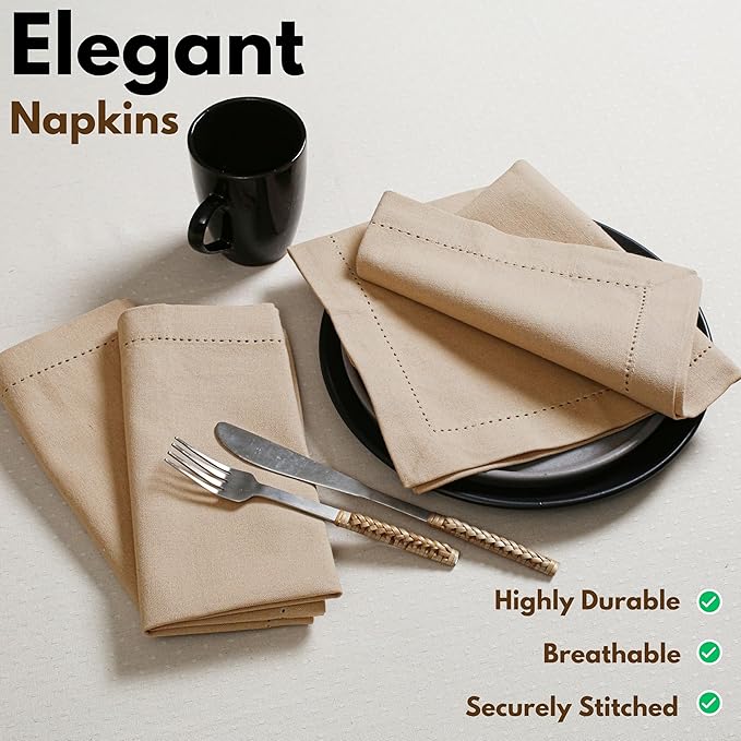 Native Fab Cotton Cloth Napkins, 18 x 18 inch, Set of 12, Hemstitch Tailored Corners, Soft, Absorbent, Washable Fabric, Table Napkins for Fall, Thanksgiving, Holiday, Dinner, and Everyday Use - Beige