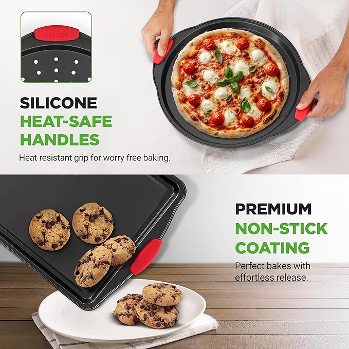 NutriChef 10-Piece Nonstick Kitchen Oven Baking Pans - Premium & Stylish Non-Stick Carbon Steel - Commercial Grade Restaurant Quality Metal Bakeware with Silicone Handles - Easy to Clean, NCSBS10S