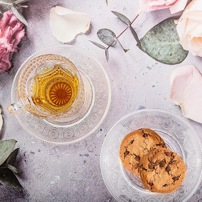 Glass Tea Cups and Saucers Set of 6 - Vintage Coffee Mugs -Teacups Set for Espresso Cappuccino Latte Tea - Dishwasher Microwave Safe (7OZ / 210ML)