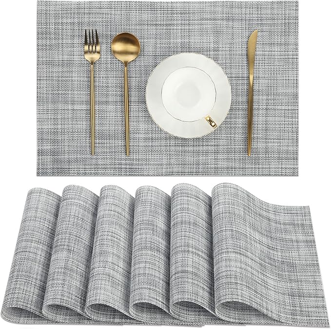 SHACOS Woven Vinyl Placemats Set of 6 Wipe Clean Table Placemats Heat Resistant Wipeable Non Slip Table Mats Indoor Outdoor, Gray White