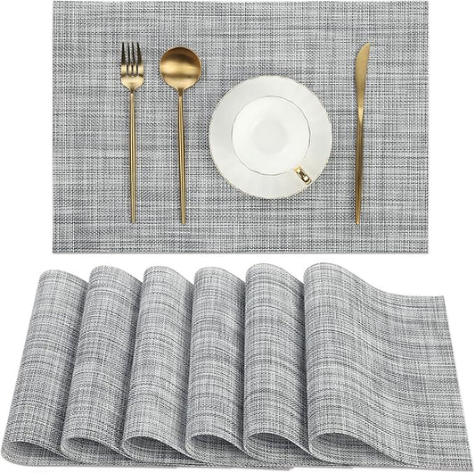 SHACOS Woven Vinyl Placemats Set of 6 Wipe Clean Table Placemats Heat Resistant Wipeable Non Slip Table Mats Indoor Outdoor, Gray White
