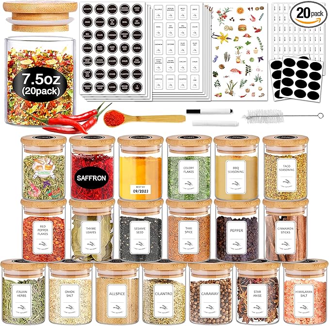 SLifeJars-Spice Jars with Label, 7.5 oz 20pcs Spice Containers Glass Jars with Bamboo Lids, Seasoning Containers Bottles,Airtight Empty Spice Jars for Spice Rack, Drawer,Cabinet,Pantry