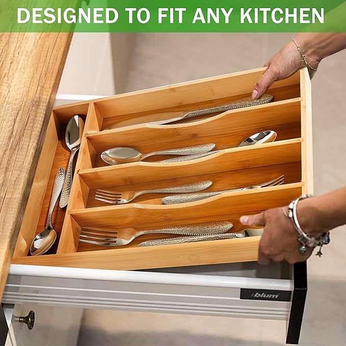 Greenual Silverware Organizer 10 In Utensil Organizer Silverware Tray for Drawer Cutlery Flatware Organizer for Kitchen Bamboo Wood
