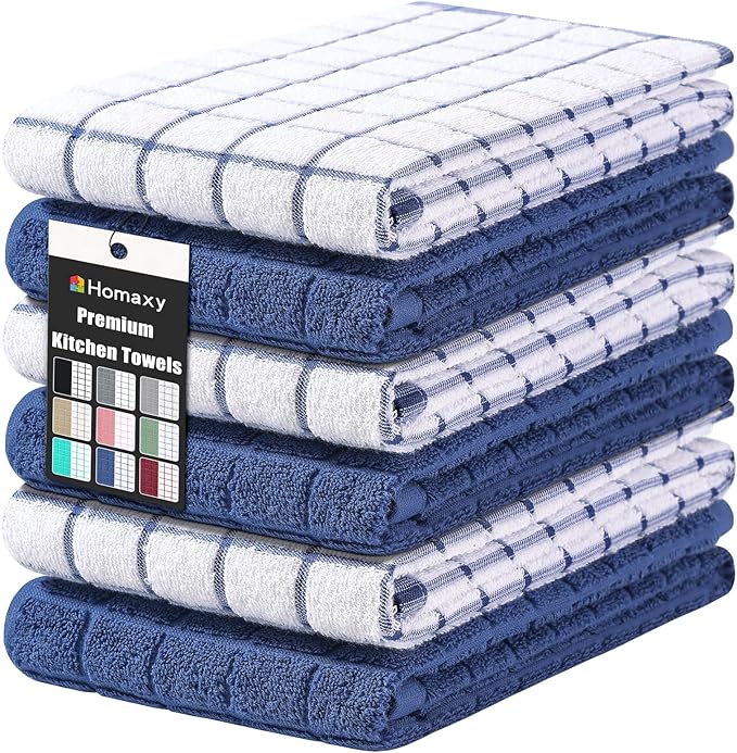 Homaxy Premium Cotton Kitchen Towels 16"x 28", Large Natural Ring Spun 390 GSM Dish Towels, Super Absorbent Terry Kitchen Hand Towels, Soft Tea Towel with Hanging Loop, Navy Blue Check Design, 6 Pack