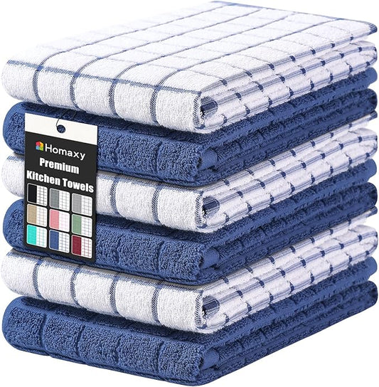 Homaxy Premium Cotton Kitchen Towels 16"x 28", Large Natural Ring Spun 390 GSM Dish Towels, Super Absorbent Terry Kitchen Hand Towels, Soft Tea Towel with Hanging Loop, Navy Blue Check Design, 6 Pack