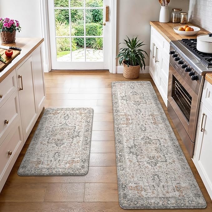 GENIMO Kitchen Mats for Floor 2PCs, Washable Anti Fatigue Mat for Cushioned, 23.6"x71"+20" x 32", Waterproof Kitchen Rugs, Non Slip Comfort Standing Mat Rug for Home, Sink, Laundry, LightTaupeBrown
