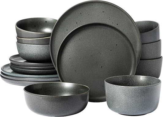 Gibson Elite James Street Stoneware Matte Reactive Double Bowl Dinnerware Set - Truffle Grey, Service for 4 (16pcs)