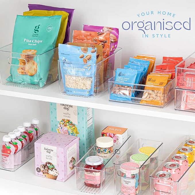 Plastic Food Storage 2 Pack Clear Container Bin with Handles for Organizing Kitchen, Pantry, Refrigerator, Freezer, Pantry, Cabinet, Closet, Bathroom. 14”X4”x4”