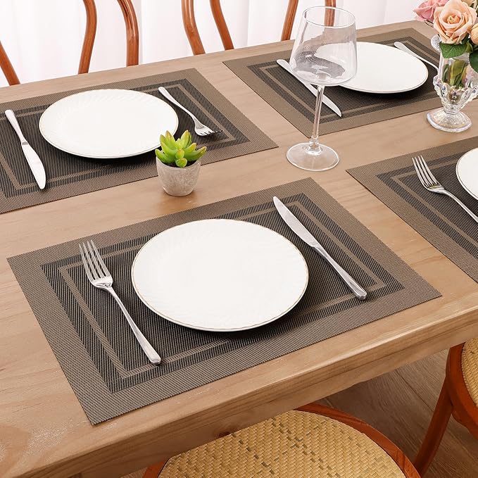 SHACOS Placemats Set of 4 Wipe Clean PVC Place Mats for Dining Table Heat Resistant Woven Vinyl Table Mats Indoor Outdoor (4, Frame Brown)