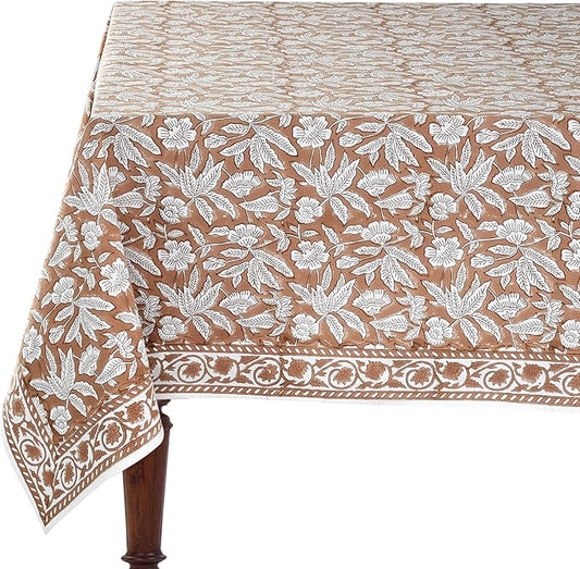 Ridhi Oak Brown Hand Block Print Cotton Rectangle Tablecloth 120 x 80 inch-Reusable Table Cover Decorative Everyday Use for Dining Room, Farmhouse, Thanksgiving, Christmas Wedding, Fall