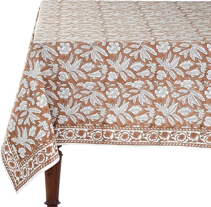 Ridhi Oak Brown Hand Block Print Cotton Rectangle Tablecloth 90 x 60 inch-Reusable Table Cover Decorative Everyday Use for Dining Room, Farmhouse, Thanksgiving, Christmas Wedding, Fall