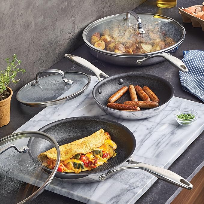 Circulon C1 Series Clad Stainless Steel with ScratchDefense Technology Cookware Nonstick Induction Frying Pans/Skillets with Lids, Metal Utensil Safe, 6 Piece Set - Polished Stainless Steel