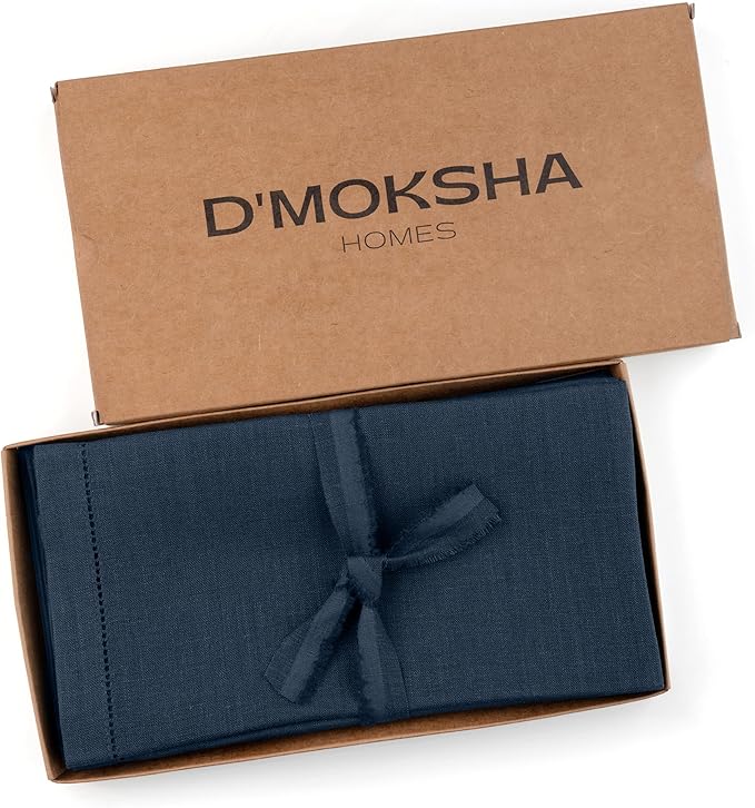 D'Moksha Homes Navy Blue Linen Napkins Set of 6 - Classic Hemstitch 100% Pure Linen Hemstitch Dinner Napkins 20 x 20 Inch for Fall, Thanksgiving, Holiday - Handcrafted and Machine Washable