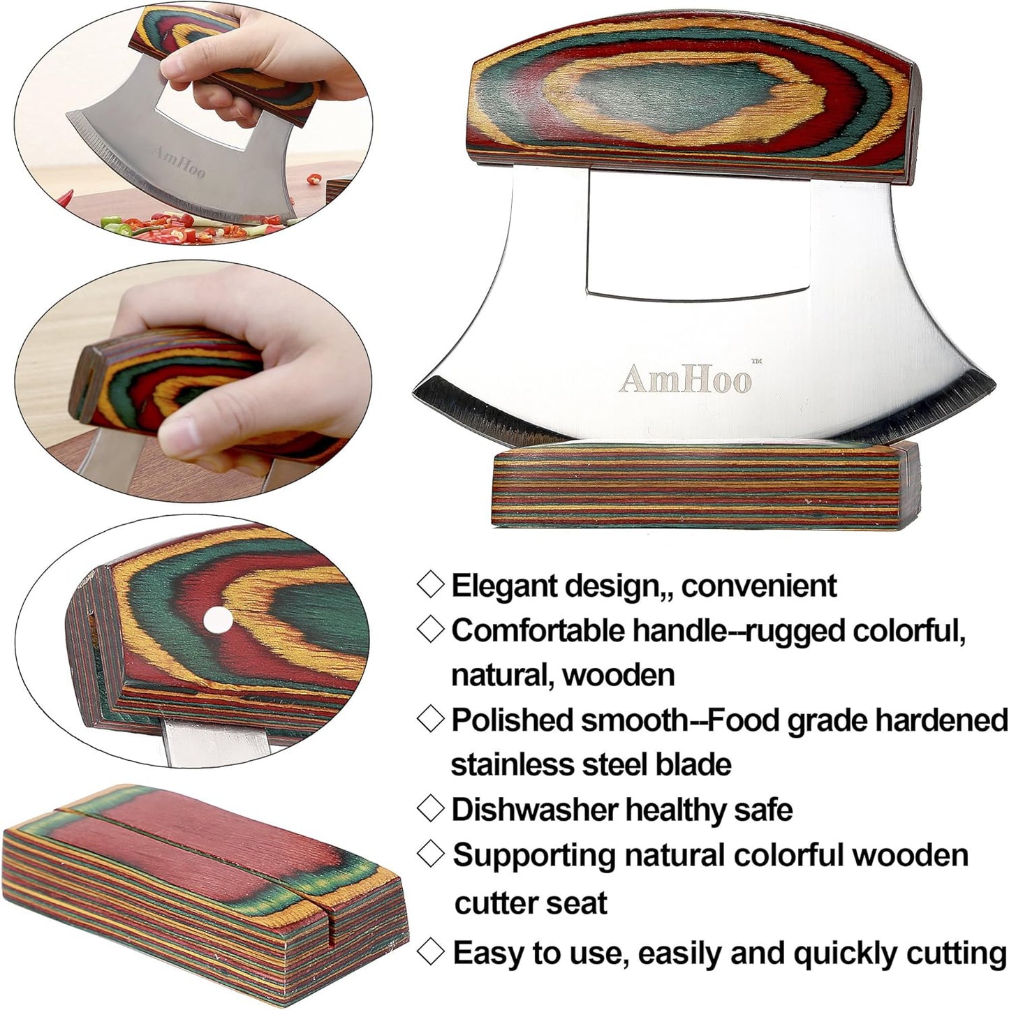 Amhoo Pizza Cutter Chef Mezzaluna Ulu Knife Handle Color Wood Grip Sharp Rocker Slicer Stainless Steel Blade Salad Onion Vegetable Chopper with Holder Base Christmas Gifts