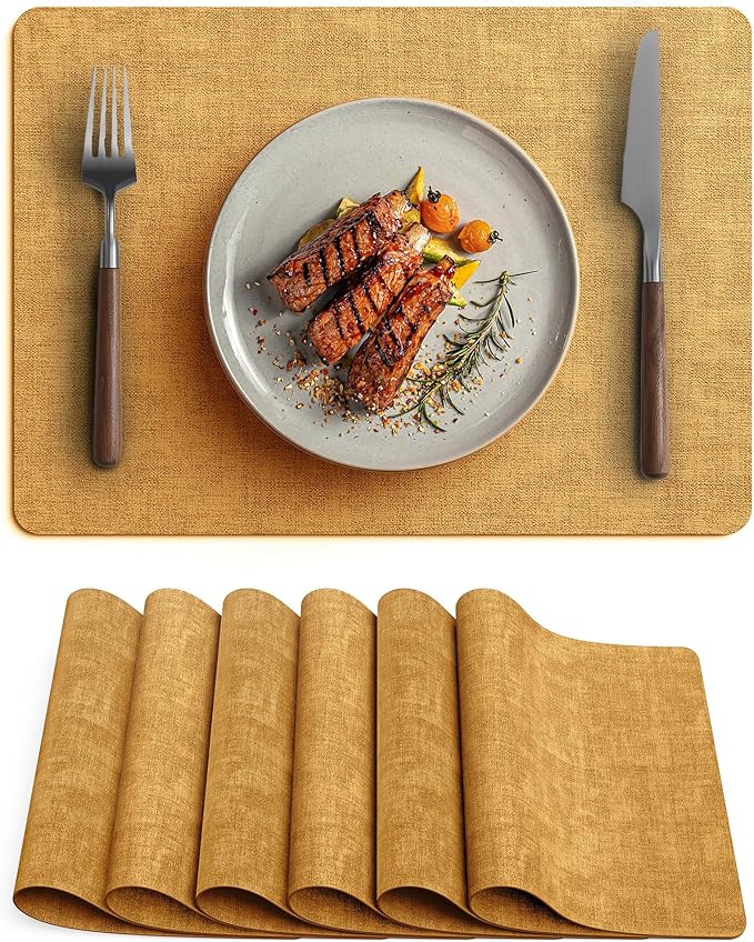 Faux Leather Vinyl Placemats Set of 6 Wipeable Heat Resistant Place Mats 100% Washable - Waterproof - Anti Slip Reversible Table Mats for Kitchen/Dining/Party/Outdoor, 12" x 16.5", Yellow
