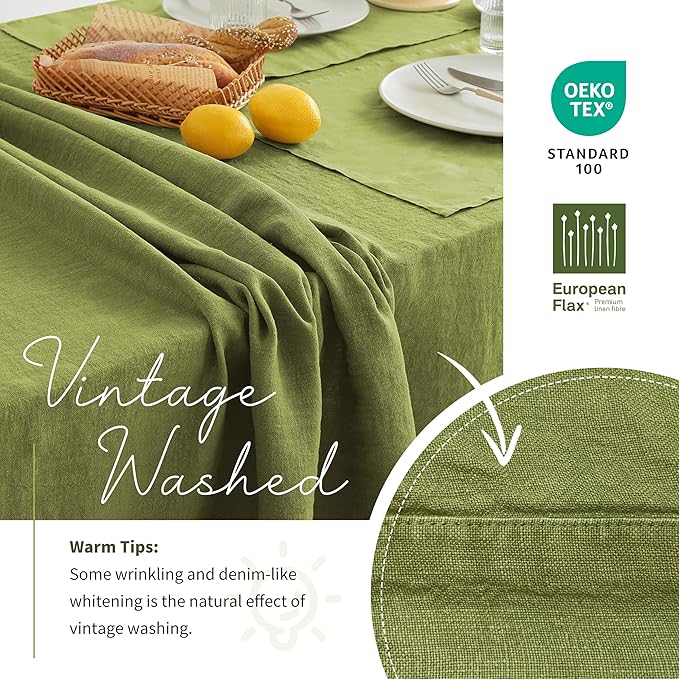 Linen World Vintage Tablecloths 60x108 Inch,100% French Linen Tablecloth,Classic Vintage Washed Table Cloths for Kitchen,Outdoor,Weddings,Decorative Valentine Easter,Moss Green