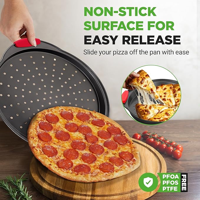 NutriChef 13-Inch Nonstick Pizza Tray - Round Carbon Steel Non-Stick Pizza Pan with Perforated Holes, Premium Bakeware Pizza Screen with Silicone Grip Handles, Dishwasher Safe - NCBPIZ1