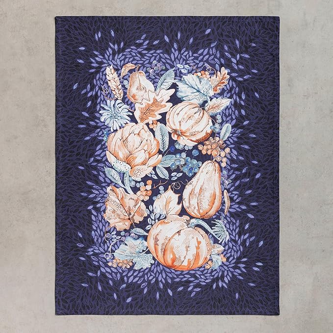 Maison d' Hermine Kitchen Towels Set of 3 100% Cotton 20" x 27.5" Reusable Cloth Tea Dish Towels Absorbent with Hanging Loop for Kitchen Dining Thanksgiving Christmas Decorations (Pumpkin Blues)