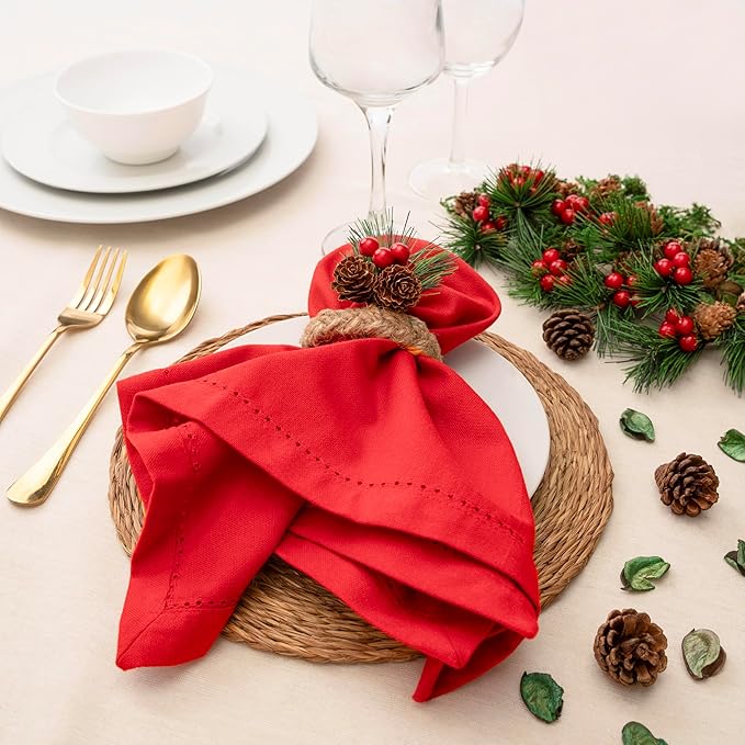 Blue Needles Set of 12 Hemstitch Linen Napkins 100% Cotton Red Cloth Dinner Napkins 18x18 inches, Soft, Reusable, Absorbent, Washable, Ideal for Fall Thanksgiving Events, Parties & Everyday Use