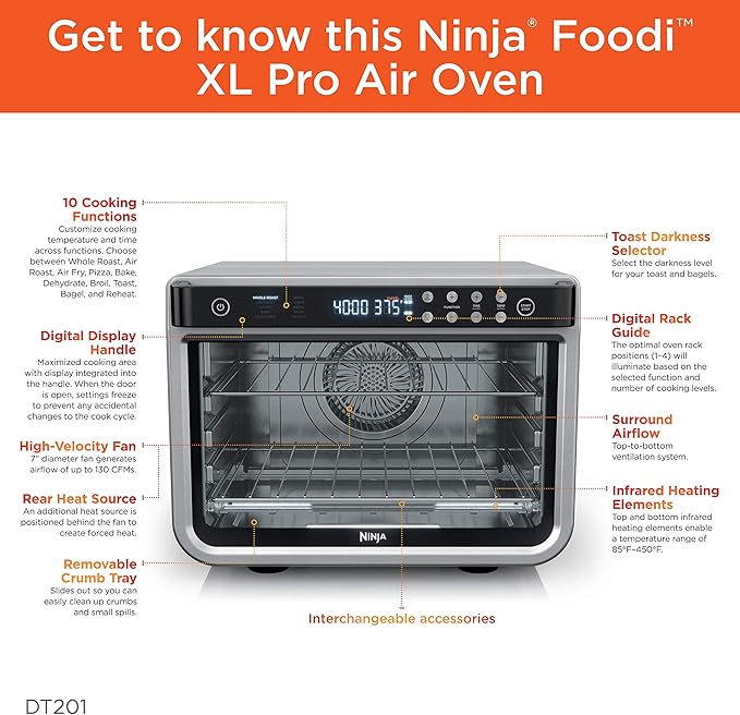 Ninja Air Fryer & Toaster Oven | Foodi Series, XL Pro Air Oven Kitchen Countertop Convection | 10-in-1 Functions | Fits a 5-lb Chicken & Sheet Pan of Vegetables | 1800 Watts | Stainless Steel | DT201