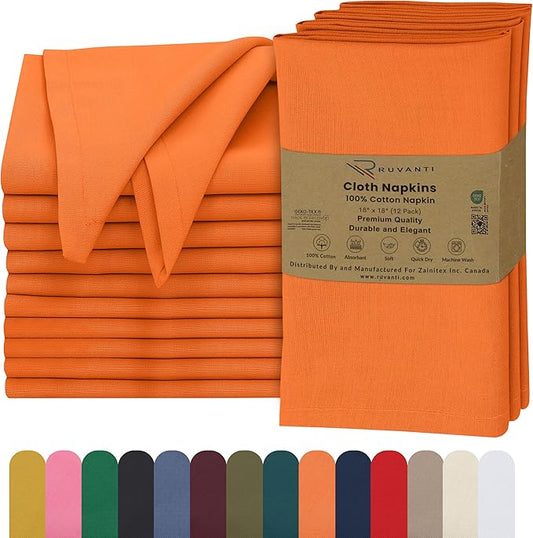 Ruvanti Cloth Napkins Set of 12, 18x18 Inches, 100% Cotton, Washable, Soft & Absorbent, Perfect for Wedding, Christmas, ‎Thanksgiving Dinners - Orange Peel