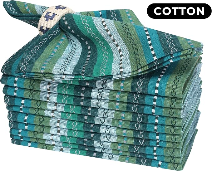Bedding Craft Cotton Cloth Dinner Napkins Set of 12 – 18x18 Green Multi Salsa Stripe – Durable Machine Washable Fabric Napkins for Weddings, Restaurants, Kitchen & Everyday Dining