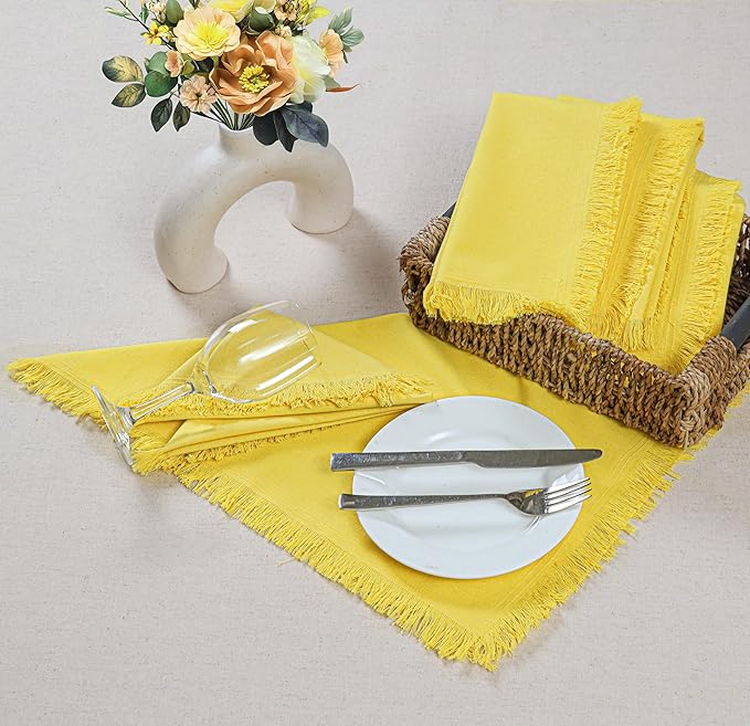 Bedding Craft Cotton Cloth Dinner Napkins Set of 12 – 18x18 Yellow with Decorative Lace Selvedge – Machine Washable Fabric Napkins for Weddings, Baby Showers, Parties & Everyday Dining