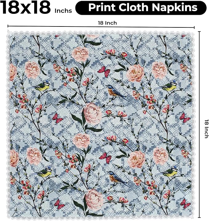 Bedding Craft Printed Cotton Dinner Napkins Set of 12 – 18x18 Lace Birds Design – Elegant & Reusable Fabric Table Napkins for Dining, Parties, Weddings & Everyday Use