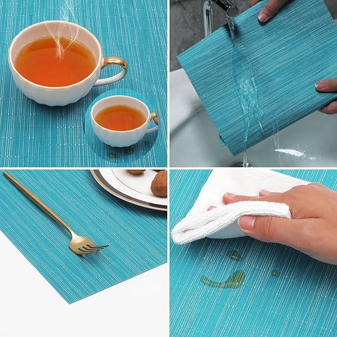 SHACOS Placemats Set of 8 Woven Vinyl Place Mats for Dining Table Wipe Clean Heat Resistant Washable Kitchen Table Mats (8, Teal Blue)