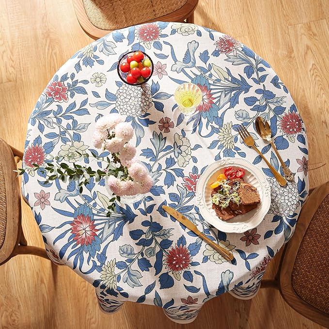 patdrea Designer Blue Tablecloth for Round Tables,Vintage Linen with Leaves and Flowers Pattern Tablecloths,Farmhouse Floral Table Cover Cloth Decor for Kitchen Dining Christmas,Diameter 55"