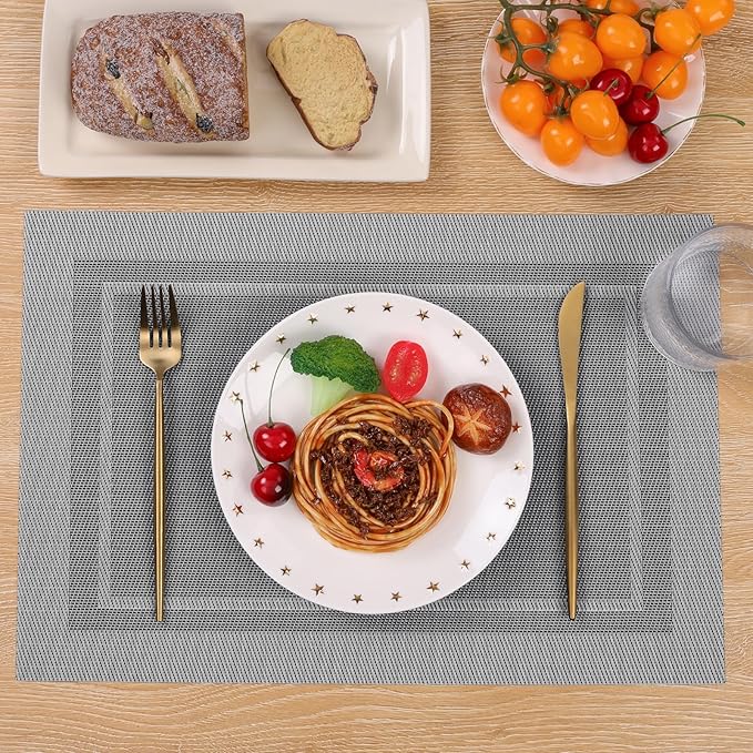 SHACOS Woven Vinyl Placemats Set of 4 Wipe Clean Place Mats for Dining Table Heat Resistant PVC Weave Table Mats Indoor Outdoor (4, Frame Grey)