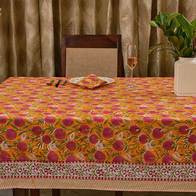 Ridhi -Bubblegum Pink Cotton Tablecloth, Handblock Print Floral Table Cloth for Kitchen Dining Linen I Thanksgiving, Christmas, Wedding, Fall Décor 14 Seater 72X160 Inches Rectangle