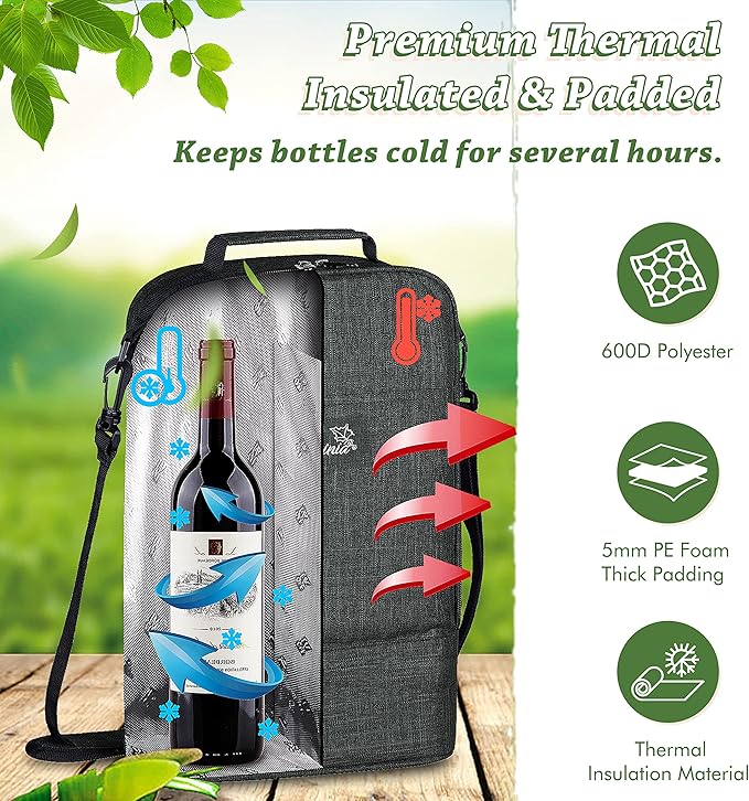 Tirrinia Insulated 2 Bottle Wine Gift Tote Bag - Tumbler Glass Cooler Carrier for BYOB Restaurants, Tasting, Travel, Park, Beach - Great Wine Lover Gift, Charcoal