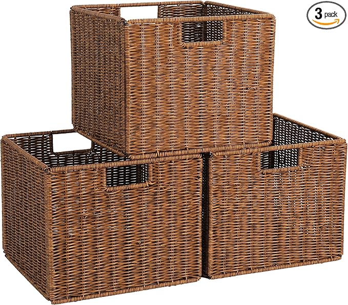 Wicker Storage Basket - Large 12x12x10in Cube, Woven Wicker for Shelves, Pantry, Kitchen & Bathroom Organization (Brown)