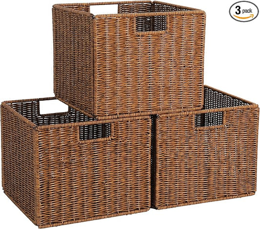 Wicker Storage Basket - Large 12x12x10in Cube, Woven Wicker for Shelves, Pantry, Kitchen & Bathroom Organization (Brown)