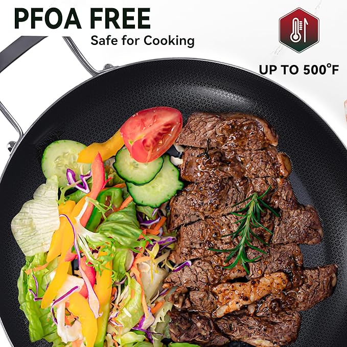 13-Inch Nonstick Hybrid Frying Pan with Lid, Ceramic Coated Tri-Ply Stainless Steel Induction Chef's Pan, Large Skillet, PFOA Free, Oven & Dishwasher Safe for All Stoves, Detachable Handle