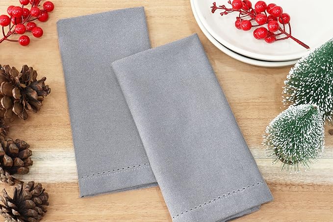 PurpleEssences Set of 6 Hemstitch Cloth Dinner Napkins 100% Cotton - Soft Durable Washable - Ideal for Wedding Christmas Holiday Winter - Perfect Everyday Use Table Linen 18x18 - Ash Grey