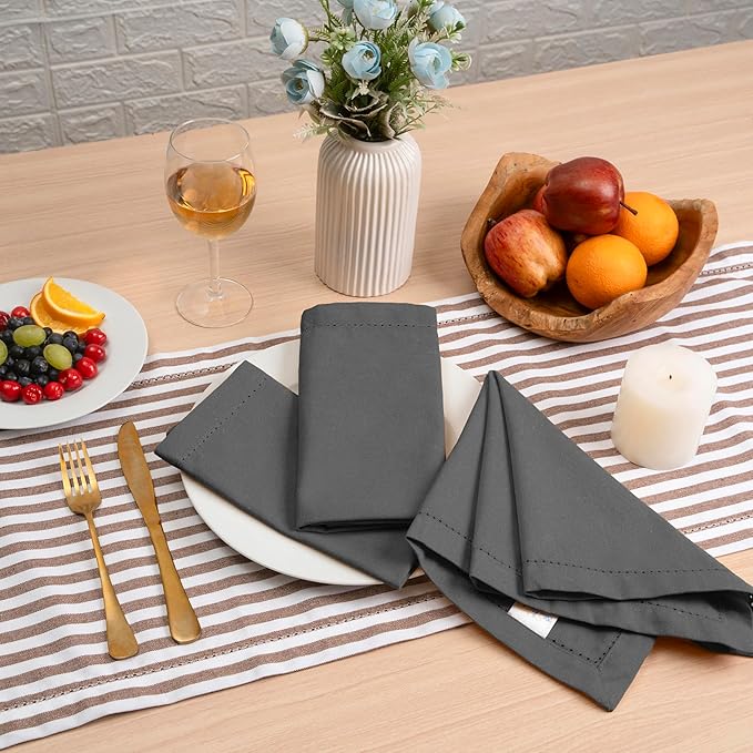 Blue Needles Set of 12 Hemstitch Linen Napkins 100% Cotton Grey Cloth Dinner Napkins 18x18 inches, Soft, Reusable, Absorbent, Washable, Ideal for Fall Thanksgiving Events, Parties & Everyday Use
