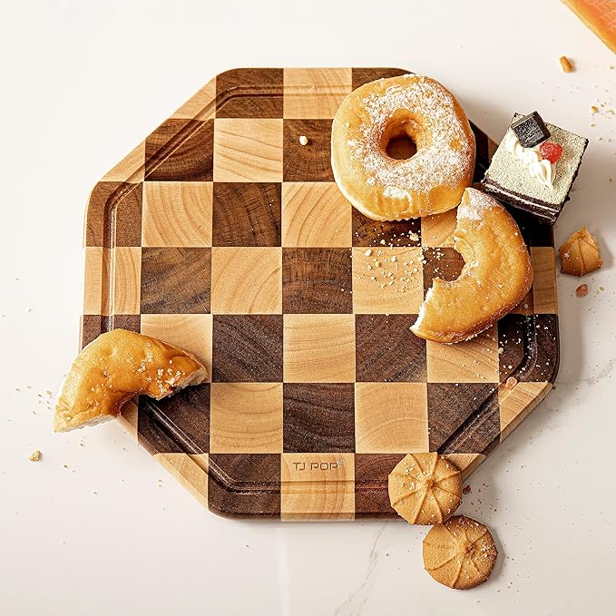 TJ POP End Grain Wood Cutting Board With Juice Groove, Octagon Serving Board For Kitchen, Flippable Charcuterie Board For Cheese, Bread & Fruits, 12x12x0.8 Inch