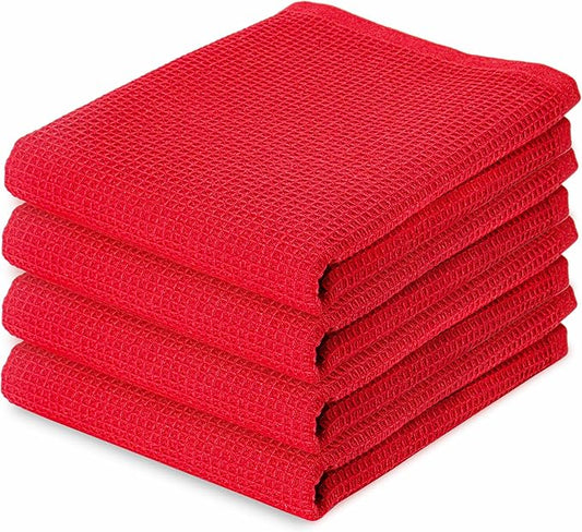 PurpleEssences Waffle Weave Kitchen Towel, 100% Cotton, 15x25 Inches, with Hanging Loop Ultra Soft Absorbent Quick Drying Dish Cloth, Tea and Hand Towels, 6 Pack - Christmas Holiday Winter - Red